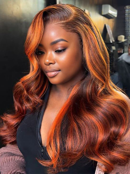 Kisslove Balayage Chestnut Brown with Ginger Highlight Body Wave Wigs Invisi Strap 360 Lace Frontal Wig