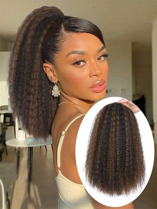 Yaki Straight Human Hair Ponytail Beginner Friendly Drawstring Ponytail Extensions