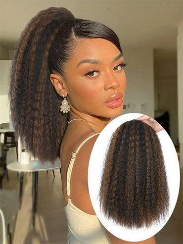 Yaki Straight Human Hair Ponytail Beginner Friendly Drawstring Ponytail Extensions