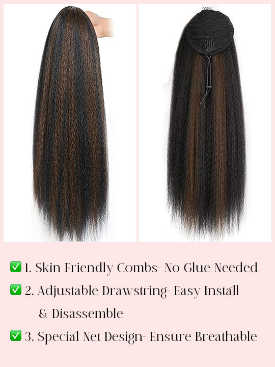 Yaki Straight Human Hair Ponytail Beginner Friendly Drawstring Ponytail Extensions