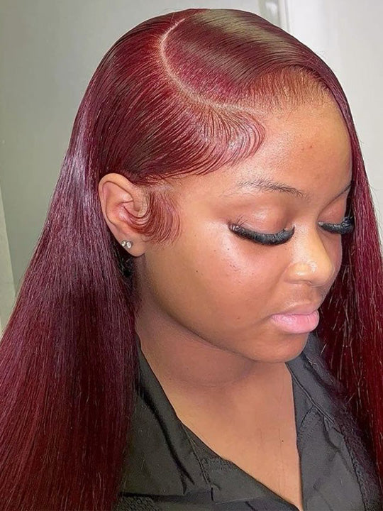 99J Silky Straight Hair Burgundy Color 13x4 13x6 Transparent HD Lace Front Human Hair Wigs