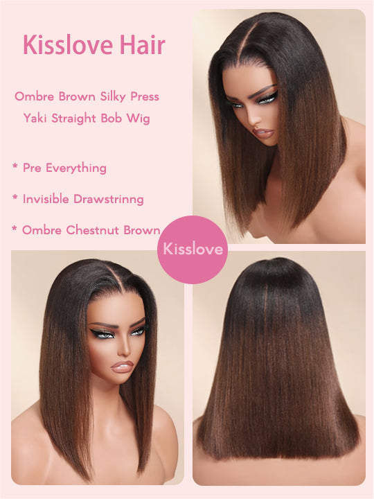 Ombre Mocha Brown Yaki Straight Bob Wig Pre Cut Pre Bleached Glueless Ready To Wear Wig