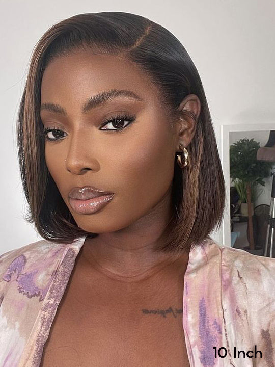 Ombre Mocha Brown Yaki Straight Bob Wig Pre Cut Pre Bleached Glueless Ready To Wear Wig