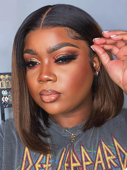 Ombre Mocha Brown Yaki Straight Bob Wig Pre Cut Pre Bleached Glueless Ready To Wear Wig