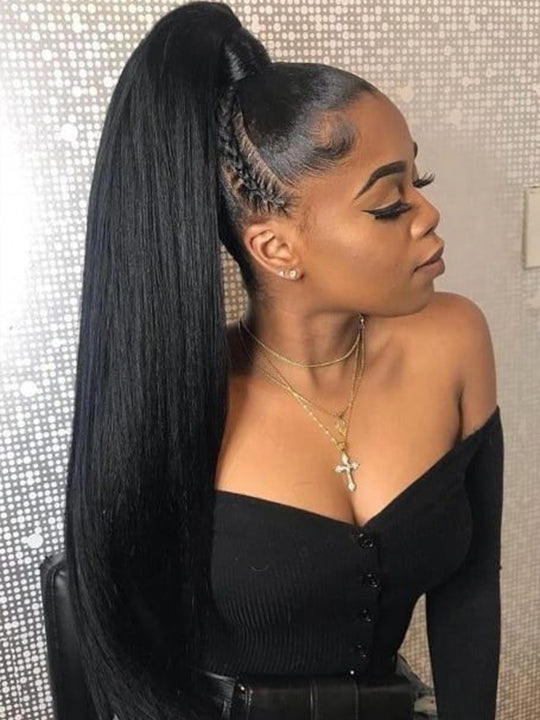 Yaki Straight Human Hair Ponytail Beginner Friendly Drawstring Ponytail Extensions
