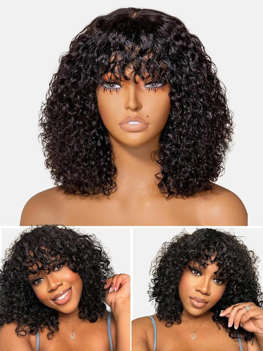 Bouncy Natural Wave Wig with Bangs Glueless 3x1 Lace Pull & Go Drawstring Wig