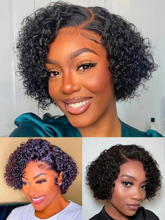 Pre Styled Pixie Curly Hair Glueless Side Part Lace Wig Bomb Hairstyle 100% Human Hair Wigs