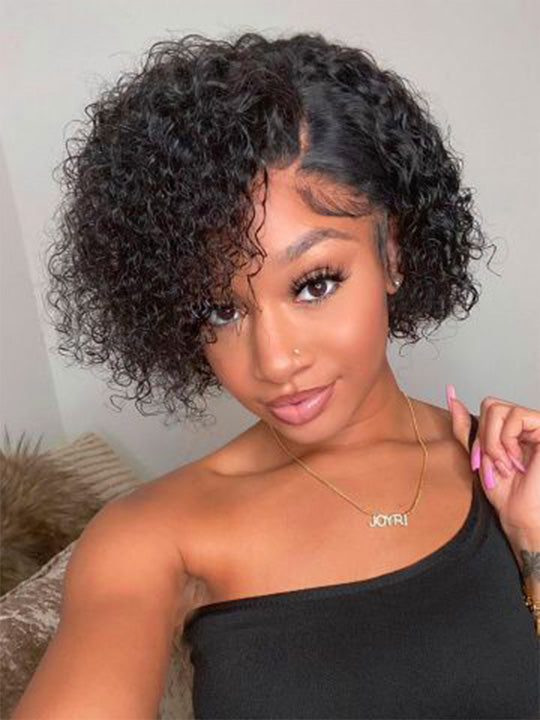 Pre Styled Pixie Curly Hair Glueless Side Part Lace Wig Bomb Hairstyle 100% Human Hair Wigs