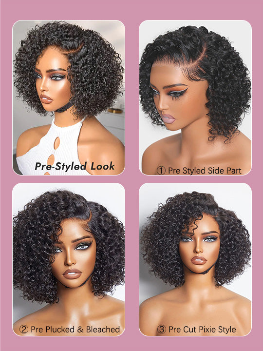 Pre Styled Pixie Curly Hair Glueless Side Part Lace Wig Bomb Hairstyle 100% Human Hair Wigs
