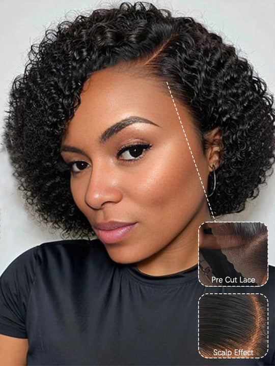 Pre Styled Pixie Curly Hair Glueless Side Part Lace Wig Bomb Hairstyle 100% Human Hair Wigs