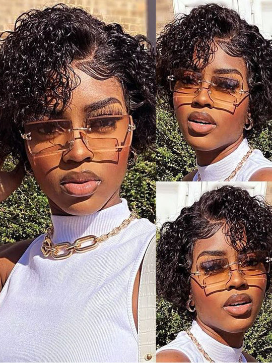Pre Styled Pixie Curly Hair Glueless Side Part Lace Wig Bomb Hairstyle 100% Human Hair Wigs