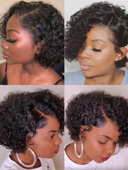 Pre Styled Pixie Curly Hair Glueless Side Part Lace Wig Bomb Hairstyle 100% Human Hair Wigs