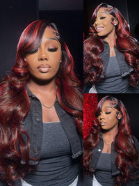 Kisslove Hair Dark Red Highlight Loose Body Wave 13x6 Full Lace Frontal Wig With Face Framing Layers