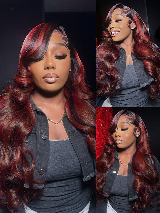 Kisslove Hair Dark Red Highlight Loose Body Wave 13x6 Full Lace Frontal Wig With Face Framing Layers