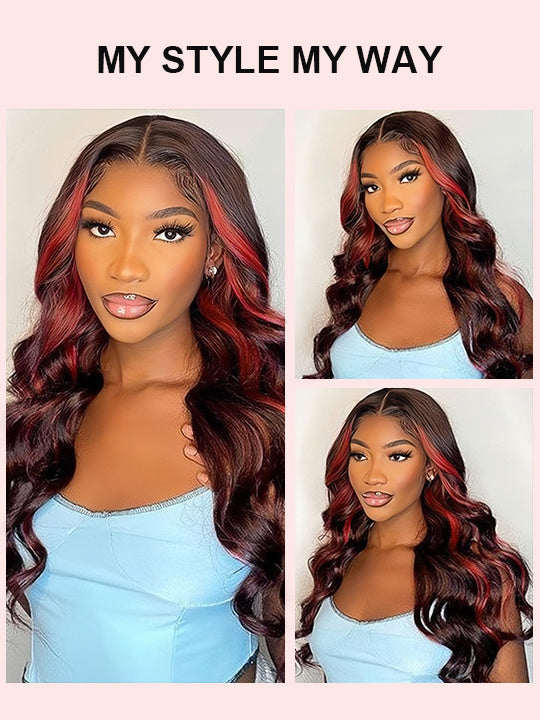 Kisslove Hair Dark Red Highlight Loose Body Wave 13x6 Full Lace Frontal Wig With Face Framing Layers