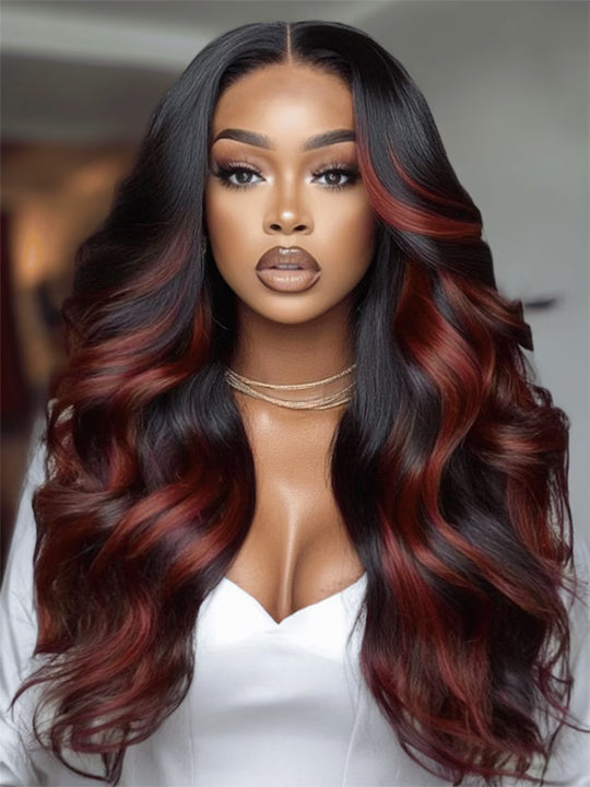 Kisslove Hair Dark Red Highlight Loose Body Wave 13x6 Full Lace Frontal Wig With Face Framing Layers