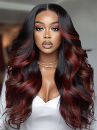 Kisslove Hair Dark Red Highlight Loose Body Wave 13x6 Full Lace Frontal Wig With Face Framing Layers