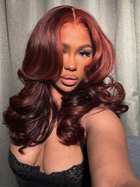Kisslove Hair Dark Red Highlight Loose Body Wave 13x6 Full Lace Frontal Wig With Face Framing Layers