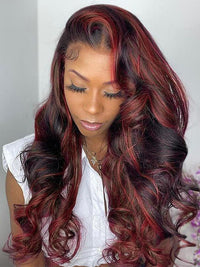 Kisslove Hair Dark Red Highlight Loose Body Wave 13x6 Full Lace Frontal Wig With Face Framing Layers