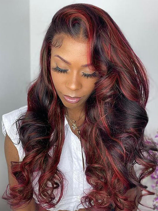 Kisslove Hair Dark Red Highlight Loose Body Wave 13x6 Full Lace Frontal Wig With Face Framing Layers