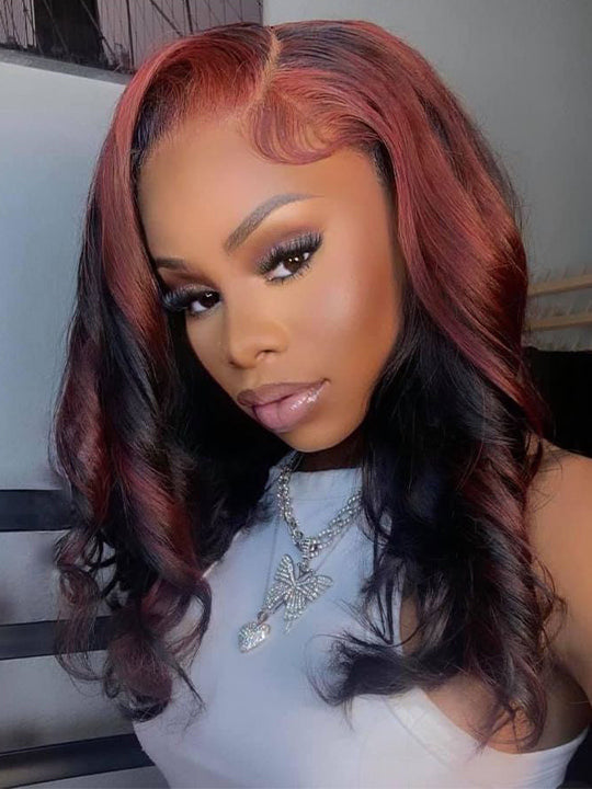 Kisslove Hair Dark Red Highlight Loose Body Wave 13x6 Full Lace Frontal Wig With Face Framing Layers
