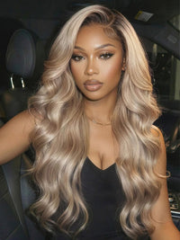 Ombre Ash Blonde Body Wave Wig Blonde Hair With Brown Roots Transparent Full Lace Frontal Wigs