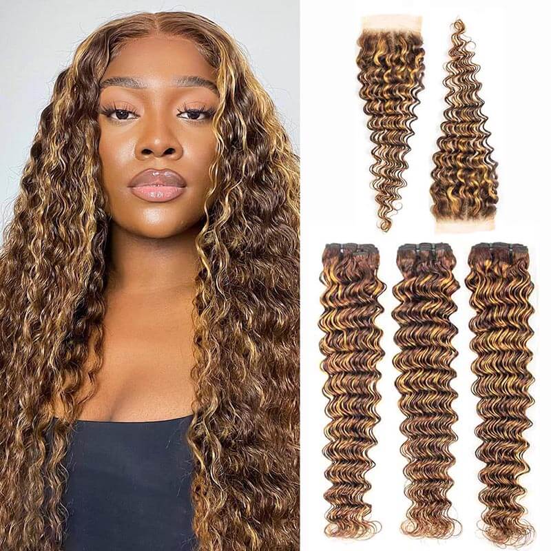 P4/27 Highlight Deep Wave Human Hair 3 Bundles With Closure 12A Brazilian Hair