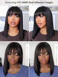 Kisslove Glueless Double Drawn 3x1 Middle Part Bob Wig Bone Straight /Yaki Straight Wig with Bangs Pull & Go Wig