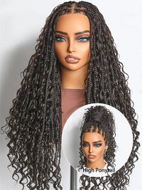 Knotless Boho Braided Water Wave Wig Glueless Pre-Cut Lace Human Hair Braided Wigs For Women