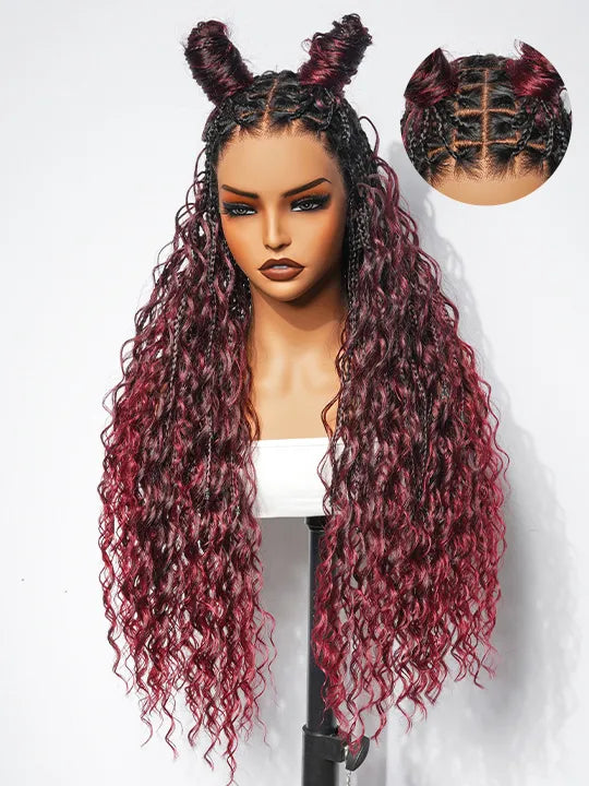 Ombre Chestnut Brown Full Lace Boho Braided Wig Glueless Invisi-Drawstring Ready To Go Wigs