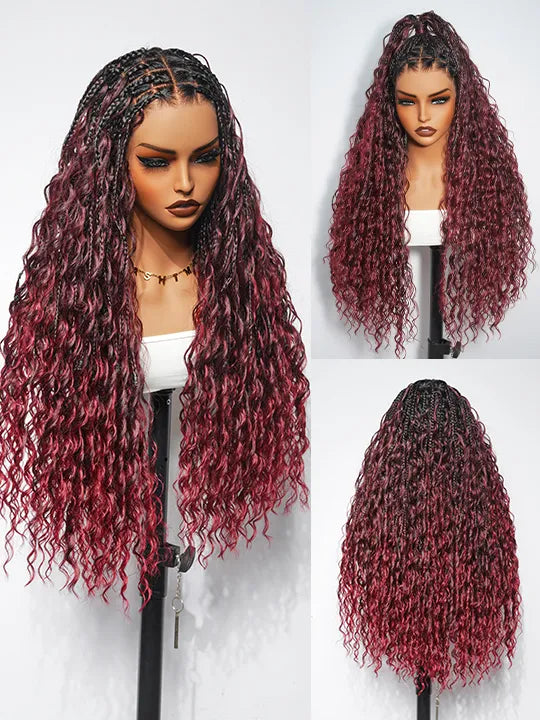 Ombre Chestnut Brown Full Lace Boho Braided Wig Glueless Invisi-Drawstring Ready To Go Wigs