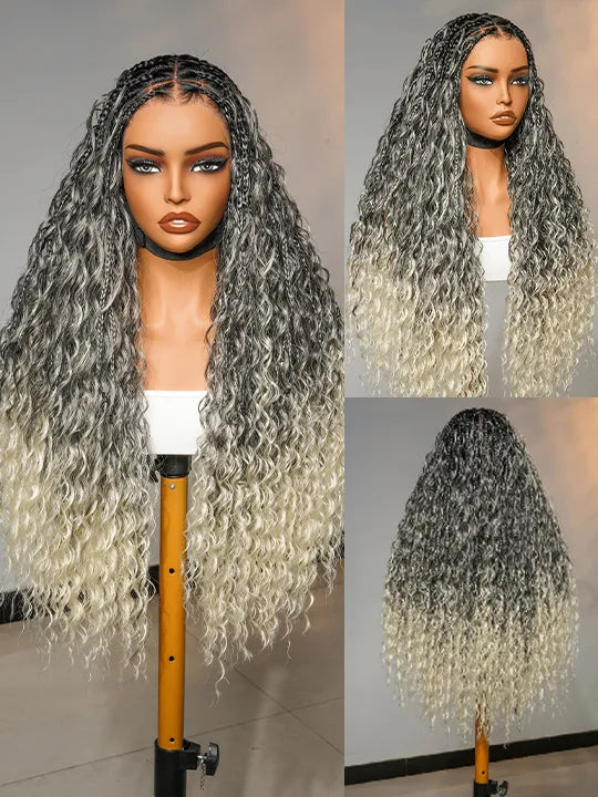 Ombre Chestnut Brown Full Lace Boho Braided Wig Glueless Invisi-Drawstring Ready To Go Wigs