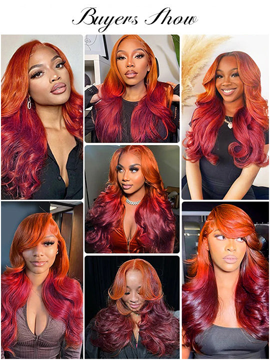 Ombre Ginger Brown Curtain Bangs 3D Body Wave Wig Pull & Go Drawstring Glueless Wig