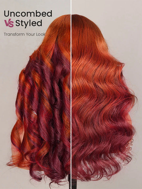 Ombre Ginger Brown Curtain Bangs 3D Body Wave Wig Pull & Go Drawstring Glueless Wig