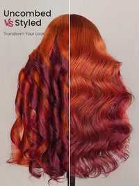 Ombre Ginger Brown Curtain Bangs 3D Body Wave Wig Pull & Go Drawstring Glueless Wig