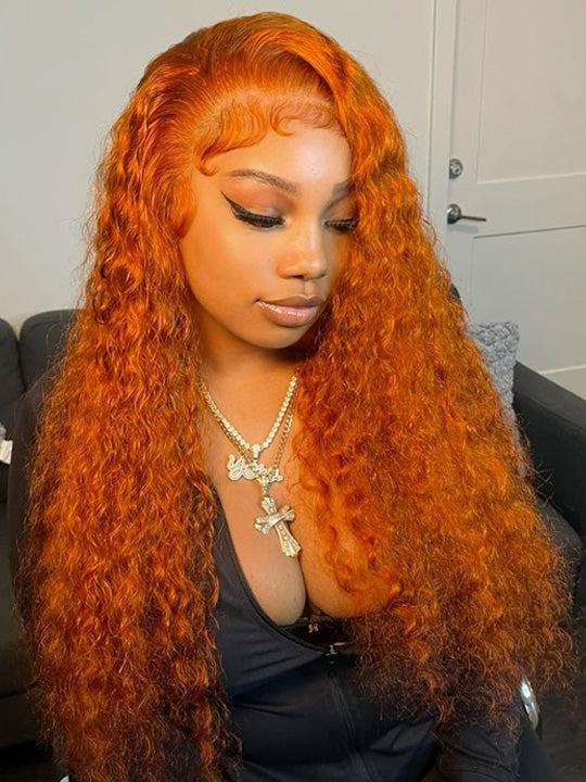 Deep Wave Ginger Orange 360 Lace Frontal Wig Pre Plucked Invisi-Drawstring Human Hair Wigs