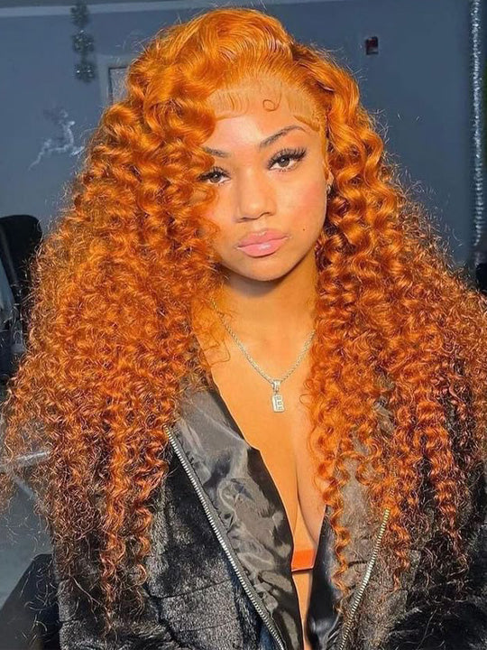 Deep Wave Ginger Orange 360 Lace Frontal Wig Pre Plucked Invisi-Drawstring Human Hair Wigs