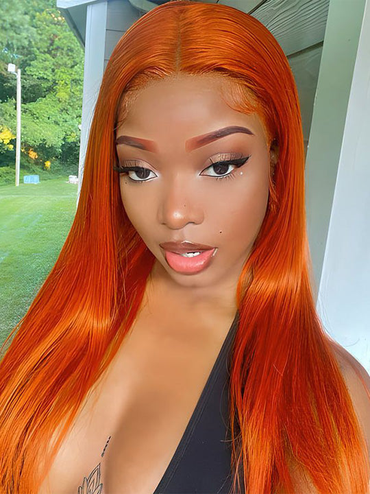 Glueless Ginger Orange Hair 5x5 Lace Wigs Silky Straight Transparent Lace Human Hair Wigs