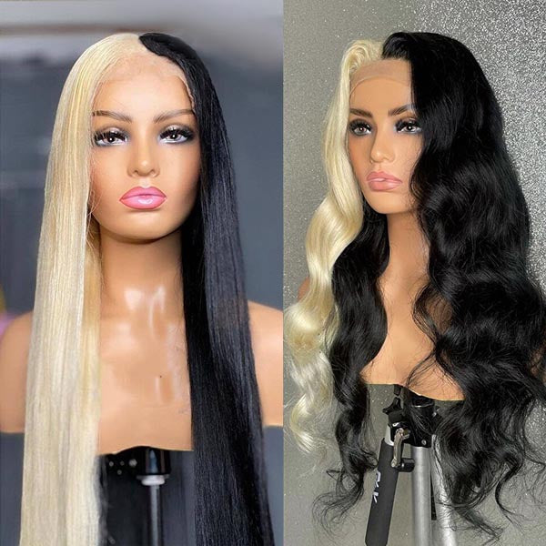 Half 613 Blonde Half Red Hair Bone Straight 5x5/13x4 Lace Human Hair Wigs 180% Density