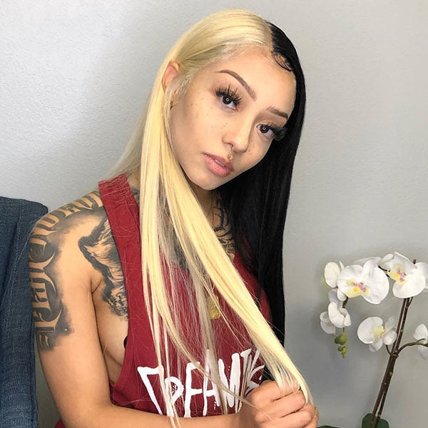Half 613 Blonde Half Red Hair Bone Straight 5x5/13x4 Lace Human Hair Wigs 180% Density