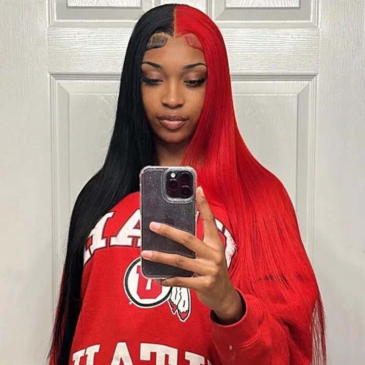 Half 613 Blonde Half Red Hair Bone Straight 5x5/13x4 Lace Human Hair Wigs 180% Density