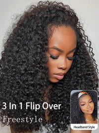 [3 In 1 Half Wig] Flip Over 4C Kinky Edge Glueless Water Wave Invisi Drawstring Ready To Go Wig