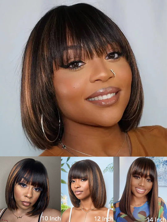 #FB30 Mix Brown Highlights Short Bob Wig Yaki Straight Hair Pre Layered Put On and Go Wig with Bangs