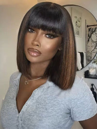 #FB30 Mix Brown Highlights Short Bob Wig Yaki Straight Hair Pre Layered Put On and Go Wig with Bangs