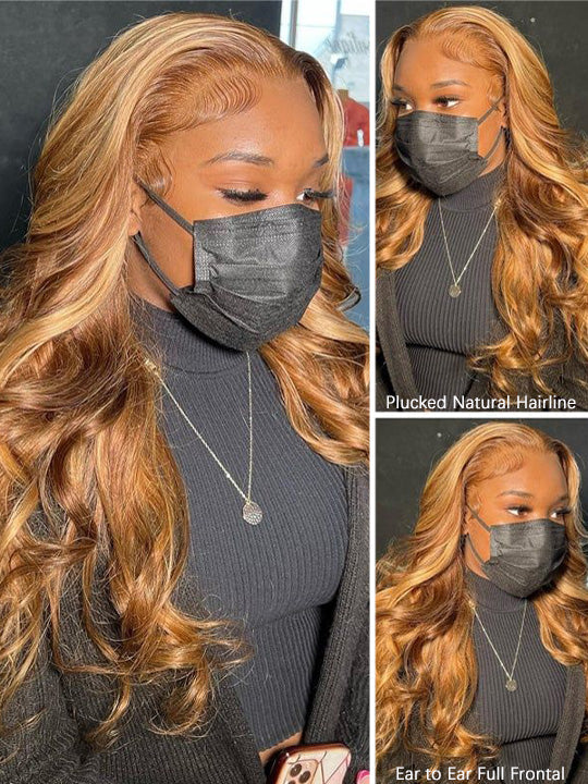 Honey Blonde Highlight 3D Body Wave 13x6 Lace Frontal Wig Bleached Knots 100% Human Hair Wear and Go Wigs