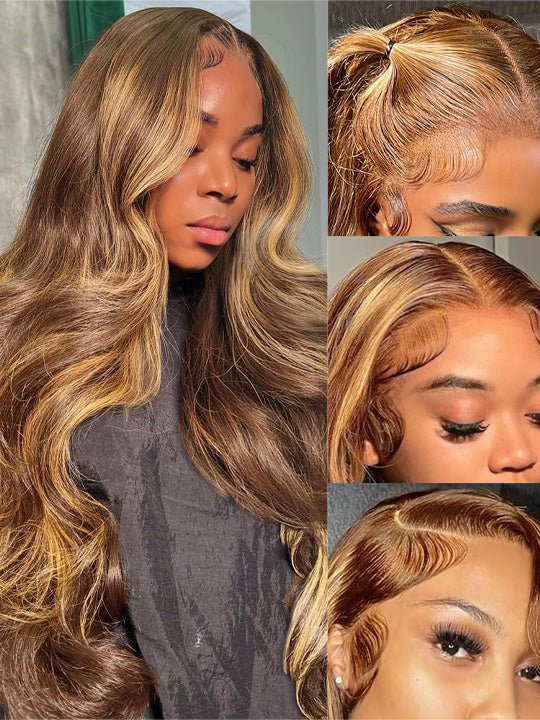Honey Blonde Highlight 3D Body Wave 13x6 Lace Frontal Wig Bleached Knots 100% Human Hair Wear and Go Wigs