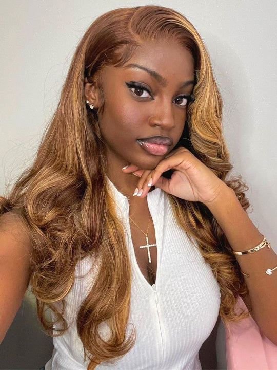 Honey Blonde Highlight 3D Body Wave 13x6 Lace Frontal Wig Bleached Knots 100% Human Hair Wear and Go Wigs