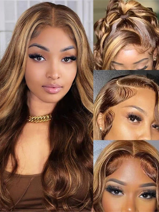 Honey Blonde Highlight 3D Body Wave 13x6 Lace Frontal Wig Bleached Knots 100% Human Hair Wear and Go Wigs