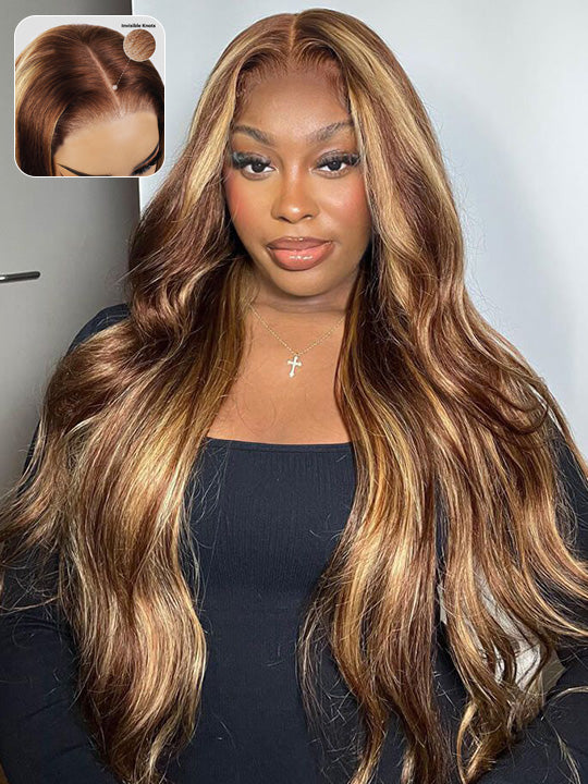 Honey Blonde Highlight 3D Body Wave 13x6 Lace Frontal Wig Bleached Knots 100% Human Hair Wear and Go Wigs