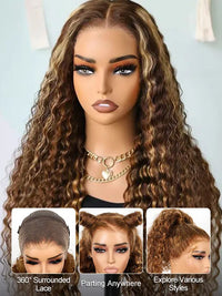 Kisslove Upgraded Invisi-Drawstring 360 Lace Wig Deep Wave Brown Highlights Human Hair Wigs